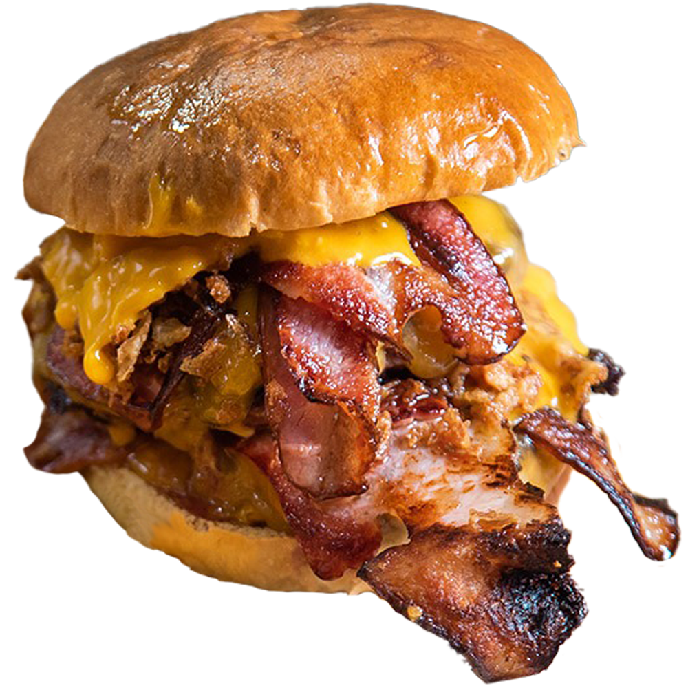 Hamburguesa Doble Cheddar de Garua bar sin fondo, con dos jugosas carnes y queso cheddar derretido